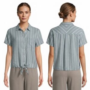 Auden Women XXL Sage Green Striped Tie Front Short Sleeve Button Down Sleep Top